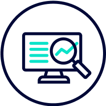 Icon showing an computer screen with a magnifying glass hovering over a graph